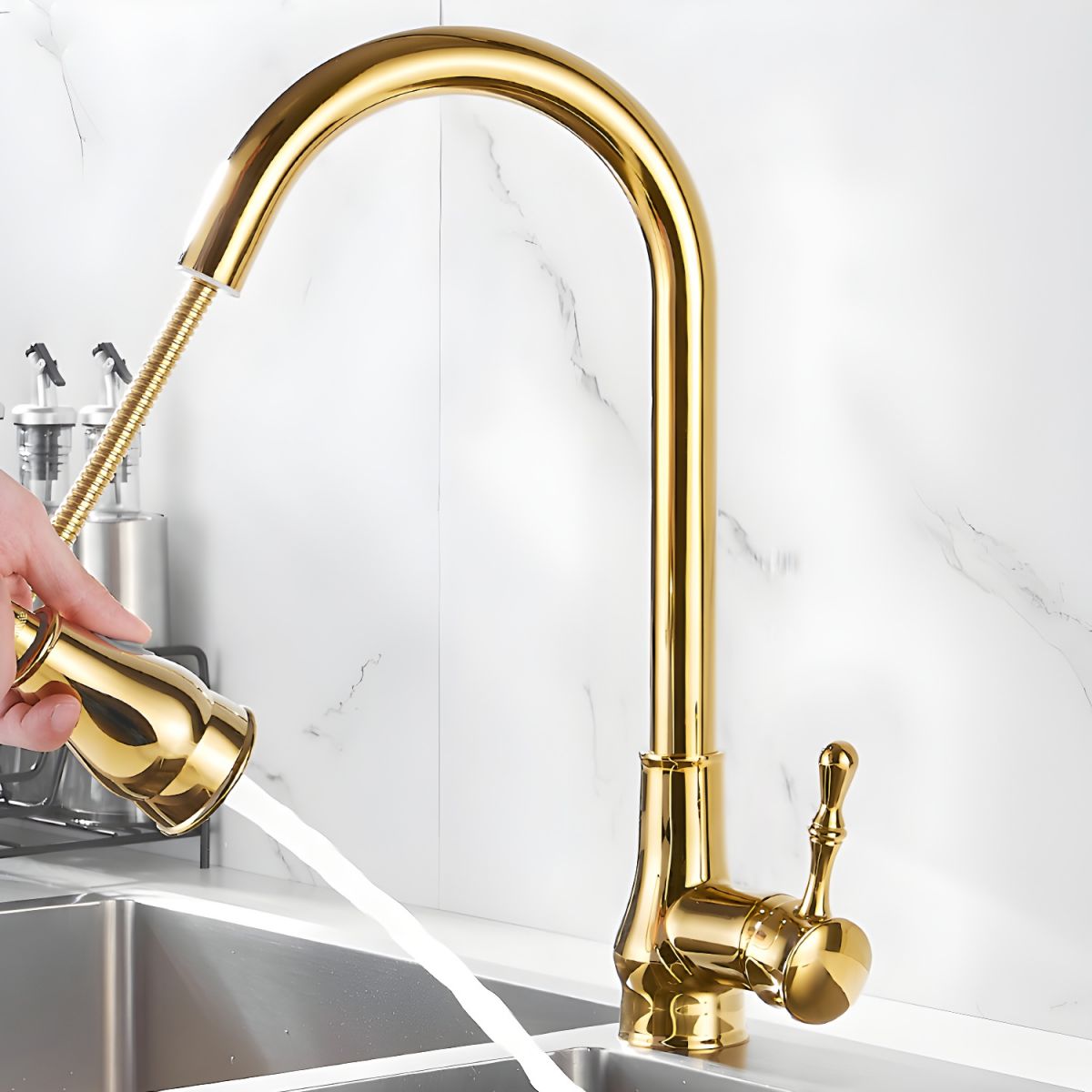 Kaldur | Luxe Geborsteld Goud Hoge Boog Draaiende Kraan Keuken Mengkraan