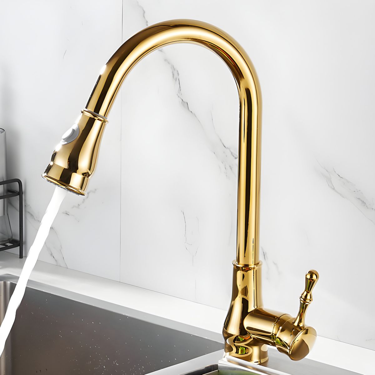 Kaldur | Luxe Geborsteld Goud Hoge Boog Draaiende Kraan Keuken Mengkraan