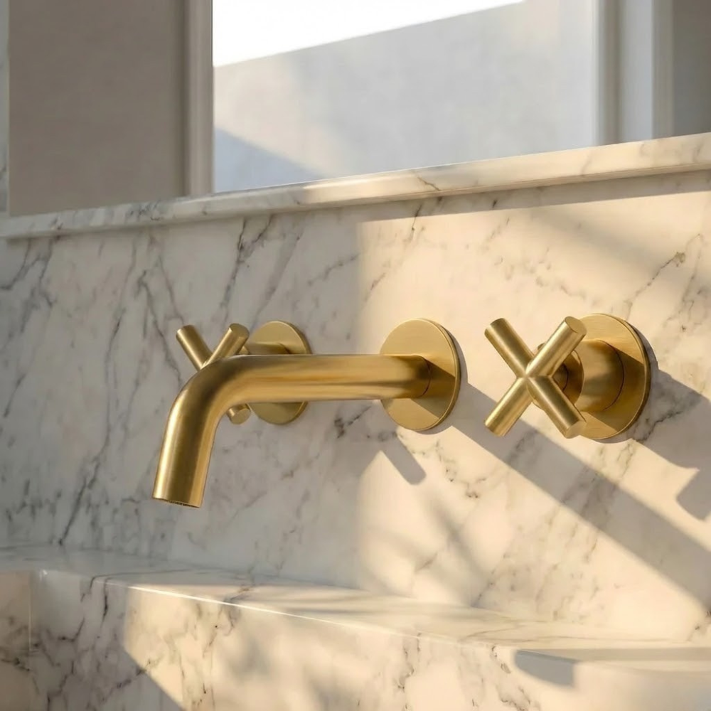 Auraa | Wandgemonteerde Badkamer Wastafelmengkraan Met Dubbele Kruisgreep