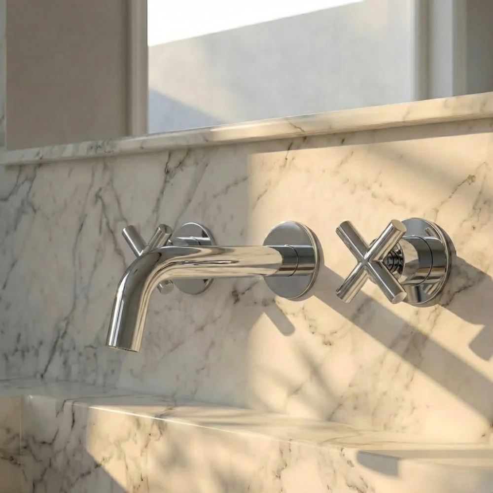 Auraa | Wandgemonteerde Badkamer Wastafelmengkraan Met Dubbele Kruisgreep