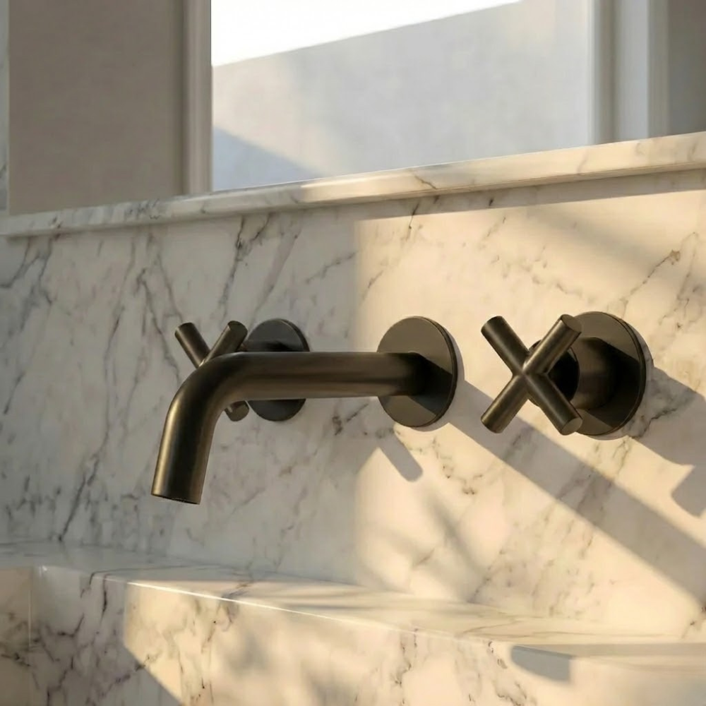 Auraa | Wandgemonteerde Badkamer Wastafelmengkraan Met Dubbele Kruisgreep