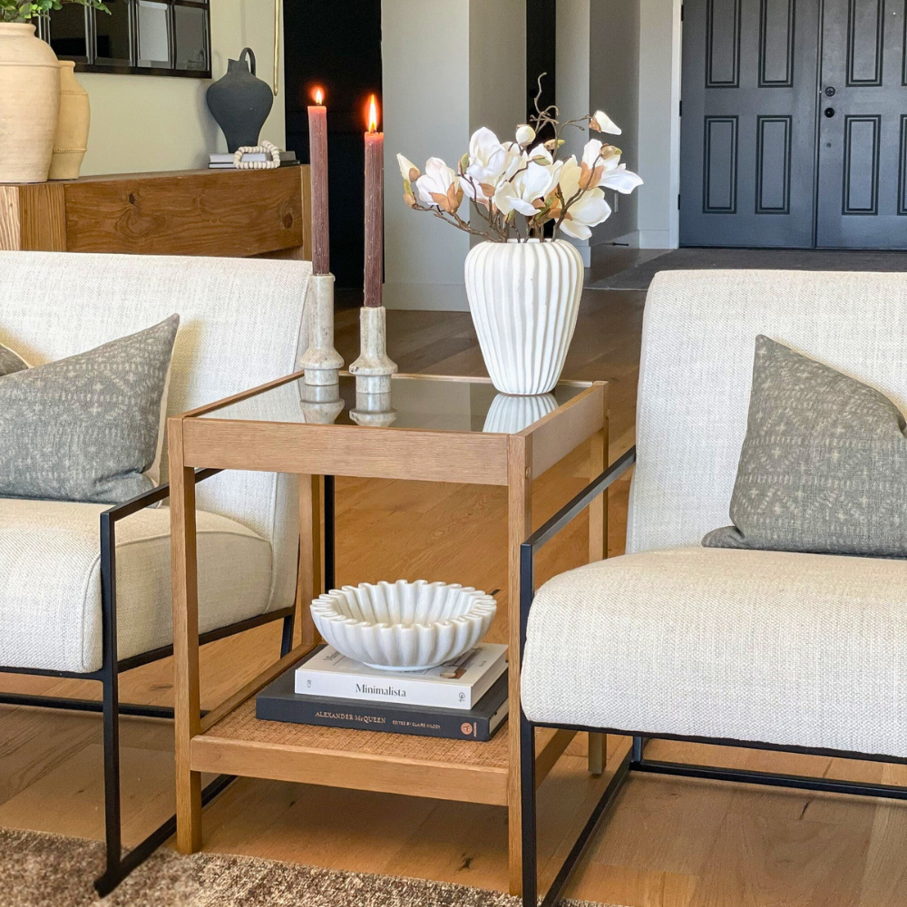 Koda | Houten Rieten Einde Tafel en Nachtkastje met Glazen Bovenkant