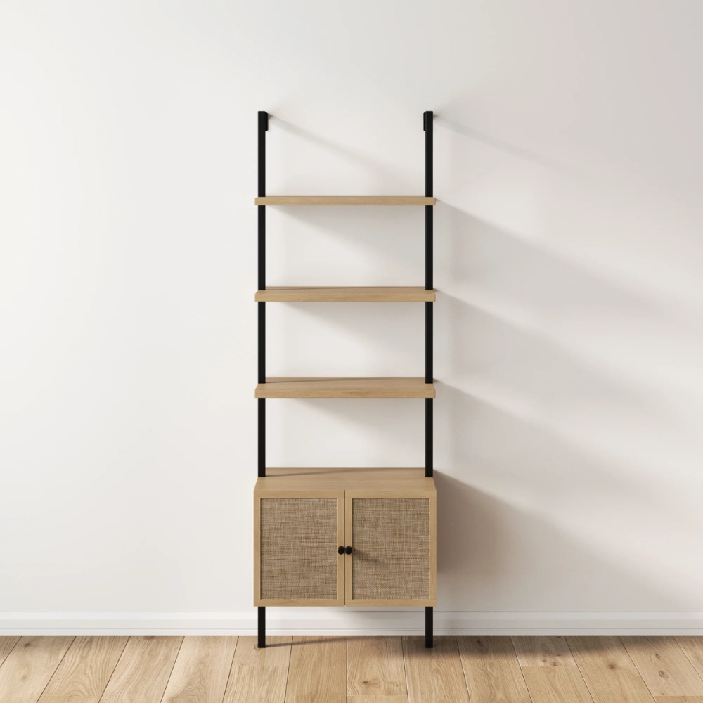 Zenith | Moderne Ladder Boekenkast en Rieten Deur Opbergkast met Houten Planken