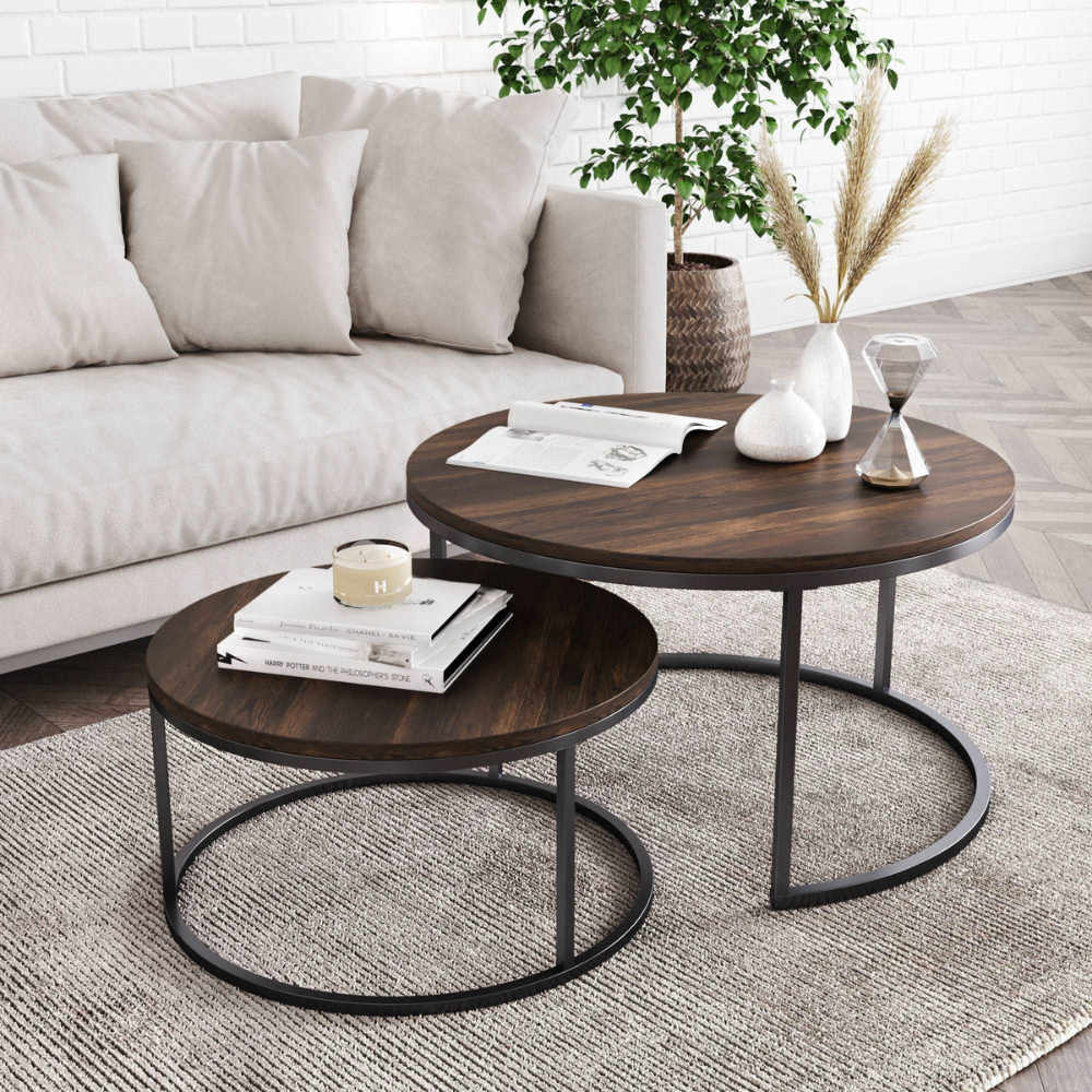 Cirrus | Twee-delige Ronde Houten Nest Koffietafel Set met Metalen Frame