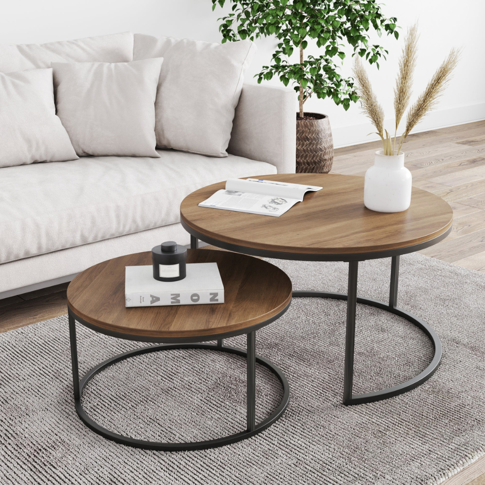 Cirrus | Twee-delige Ronde Houten Nest Koffietafel Set met Metalen Frame