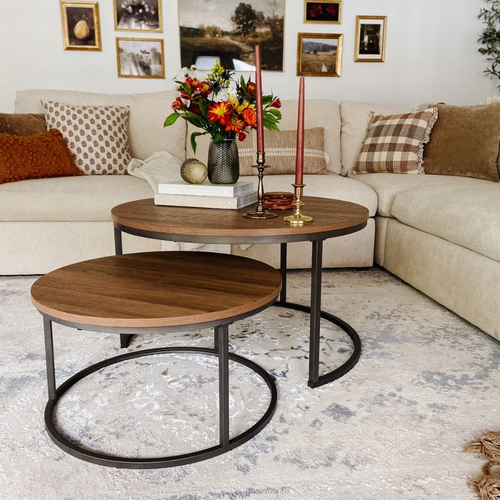 Cirrus | Twee-delige Ronde Houten Nest Koffietafel Set met Metalen Frame