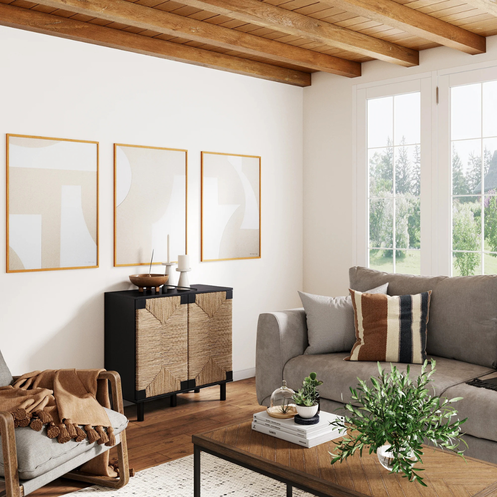 Kori | Twee Deur Houten Opbergkast Met Geweven Zeewierpanelen