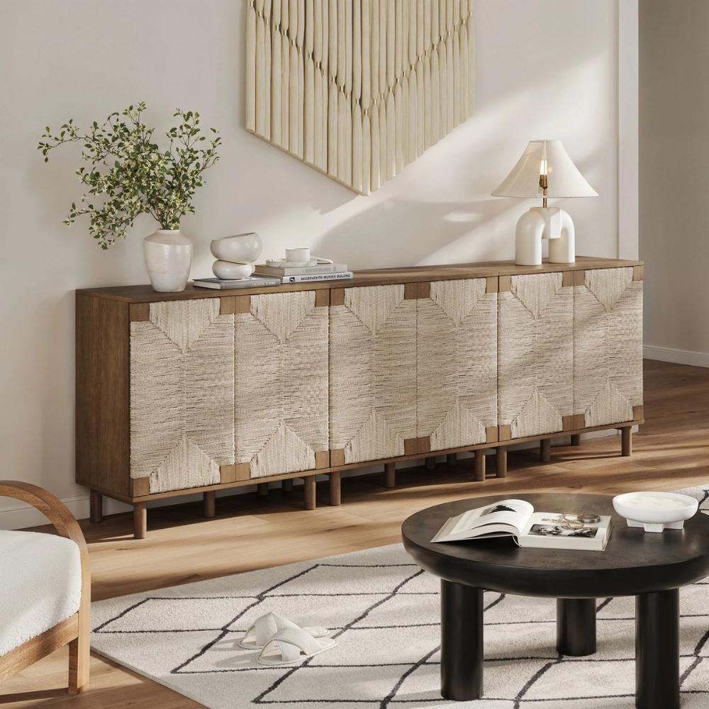 Kori | Twee Deur Houten Opbergkast Met Geweven Zeewierpanelen