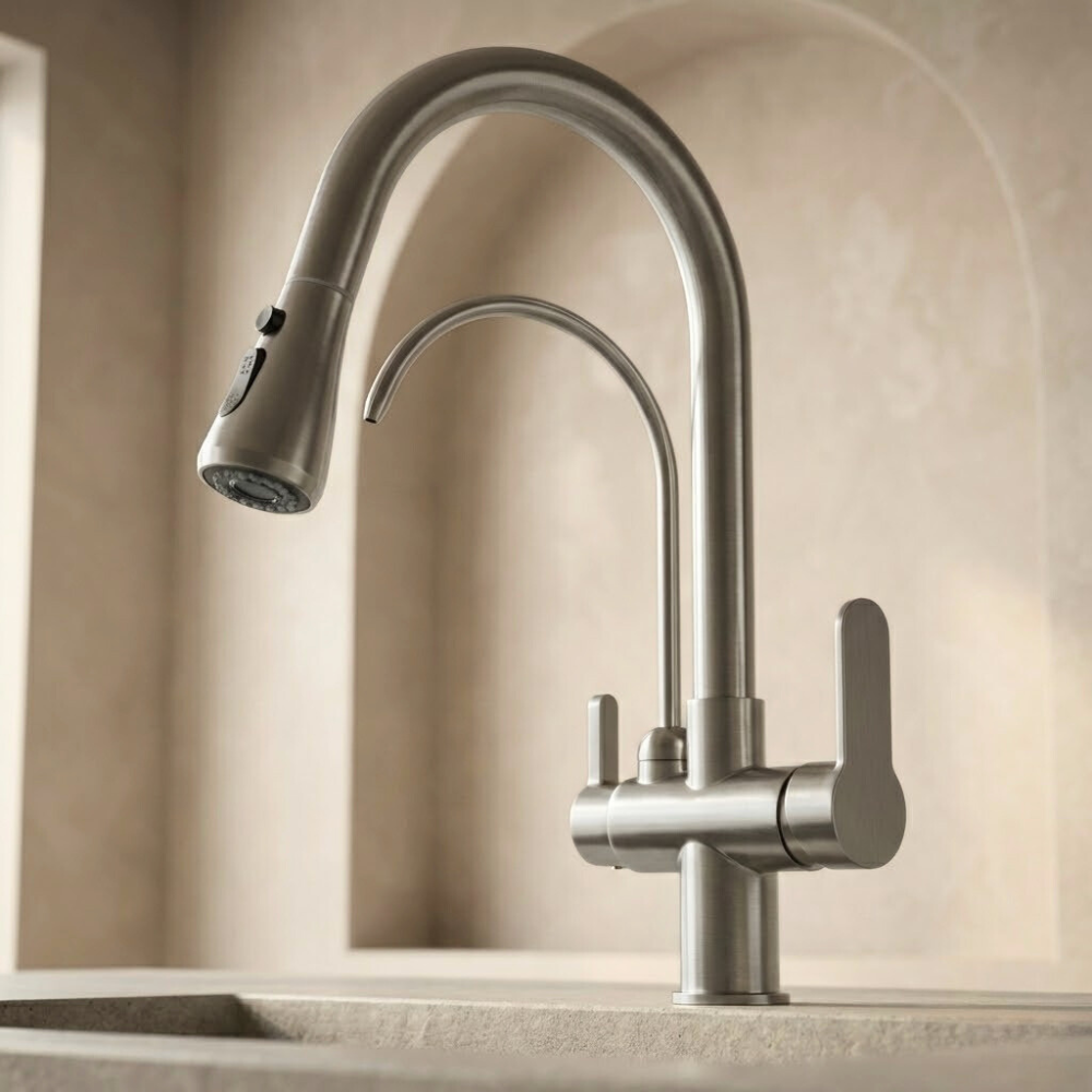 Vitalis | 3-Weg Filter Keukenkraan Met Uittrekbare Spuitmond En Draaibare Tuit