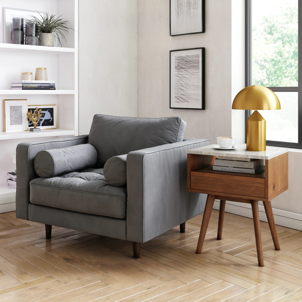 Vallo | Nachtkastje Met Marmeren Blad En Houten Einde Tafel