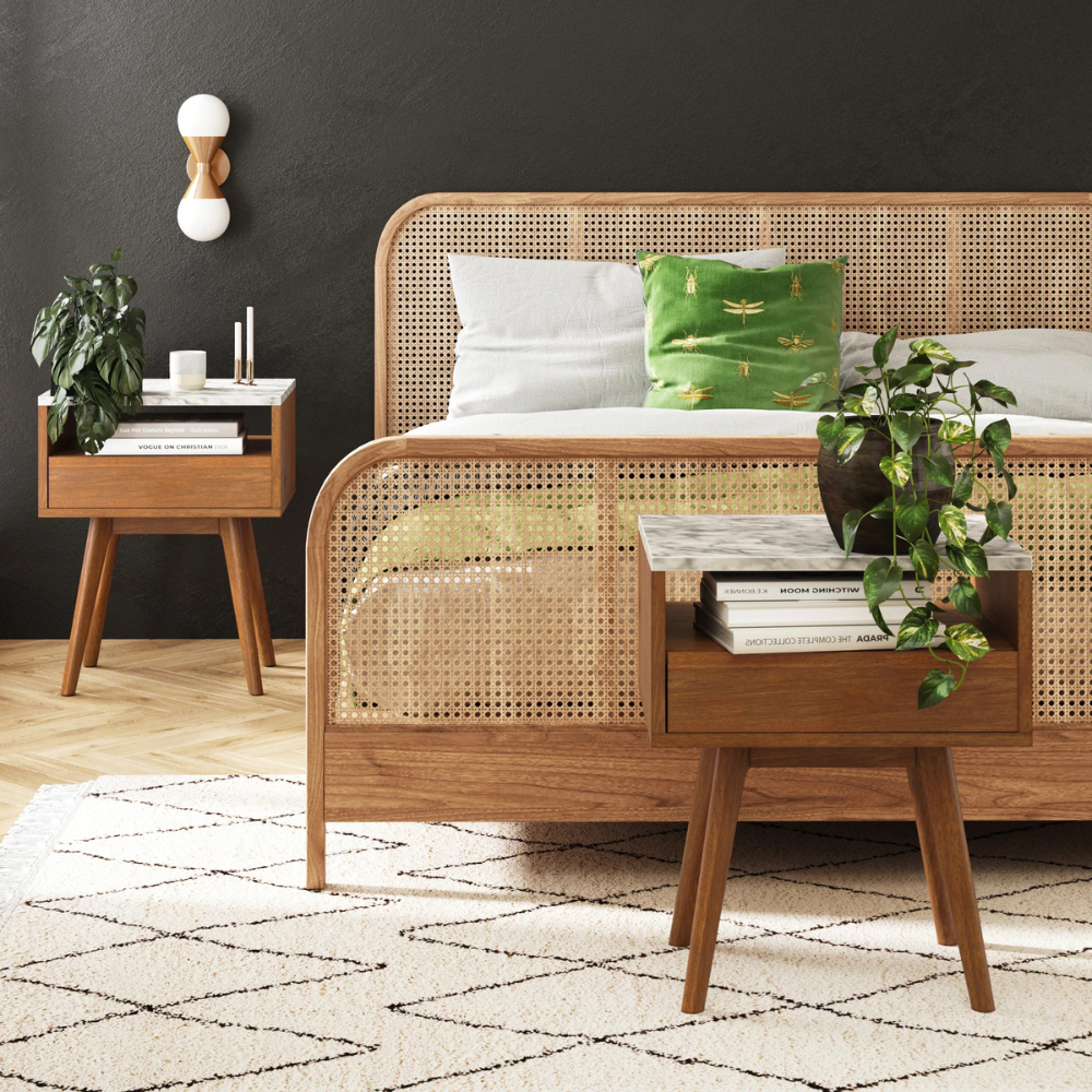 Vallo | Nachtkastje Met Marmeren Blad En Houten Einde Tafel