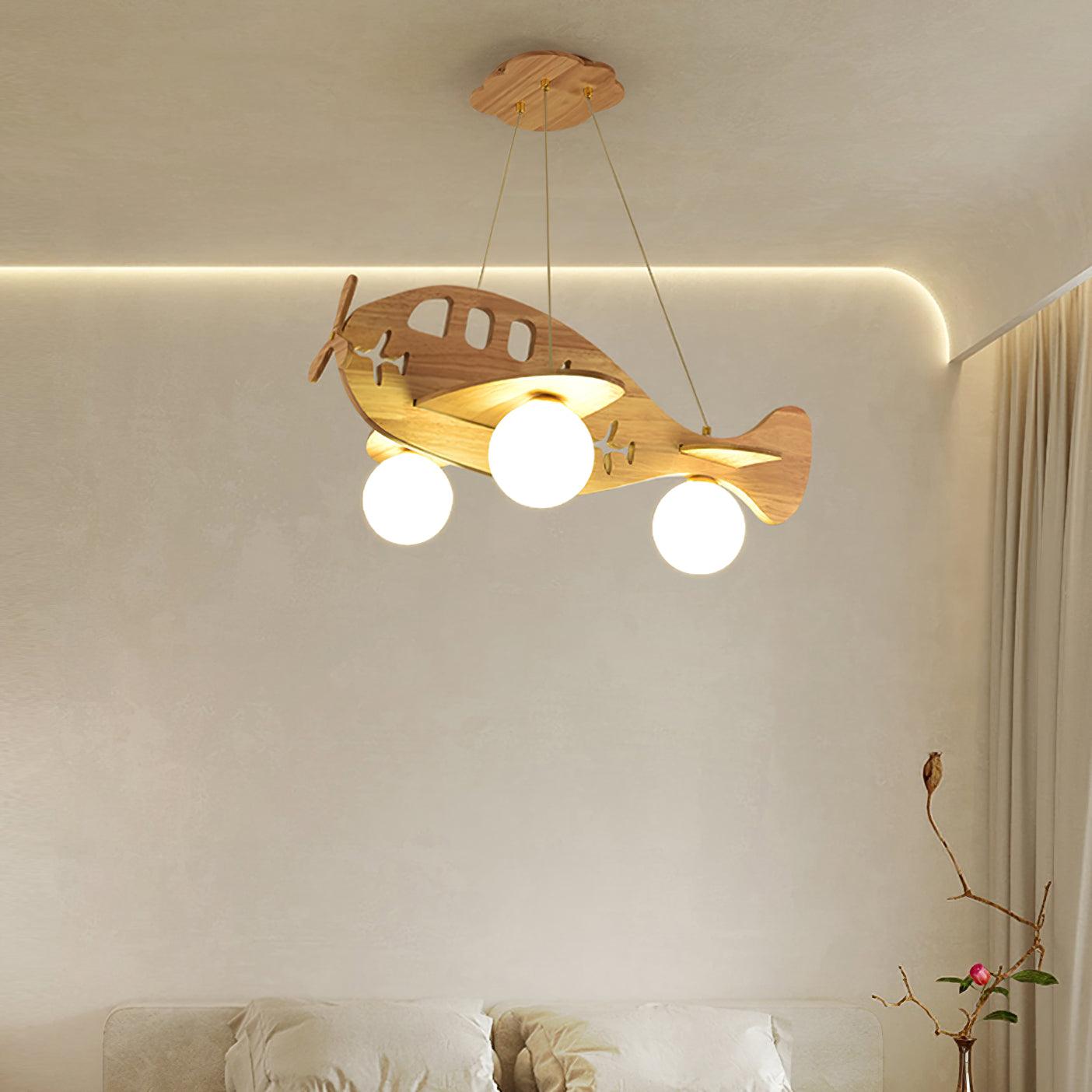 Tethelis | Vliegtuigvormige Houten Kunstzinnige Glas Globe Hanglamp