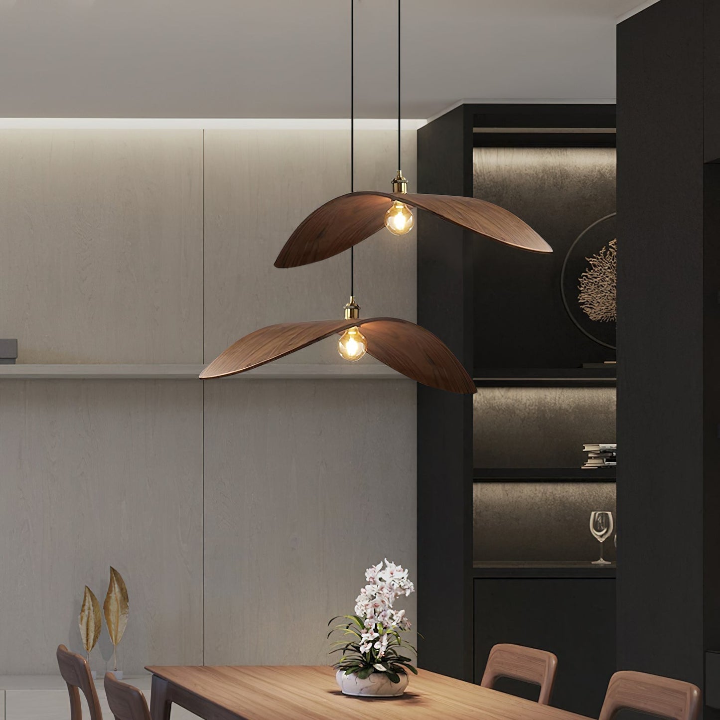 Kjelden | Noordse Sculpturale Essen Houten Golf Hanglamp