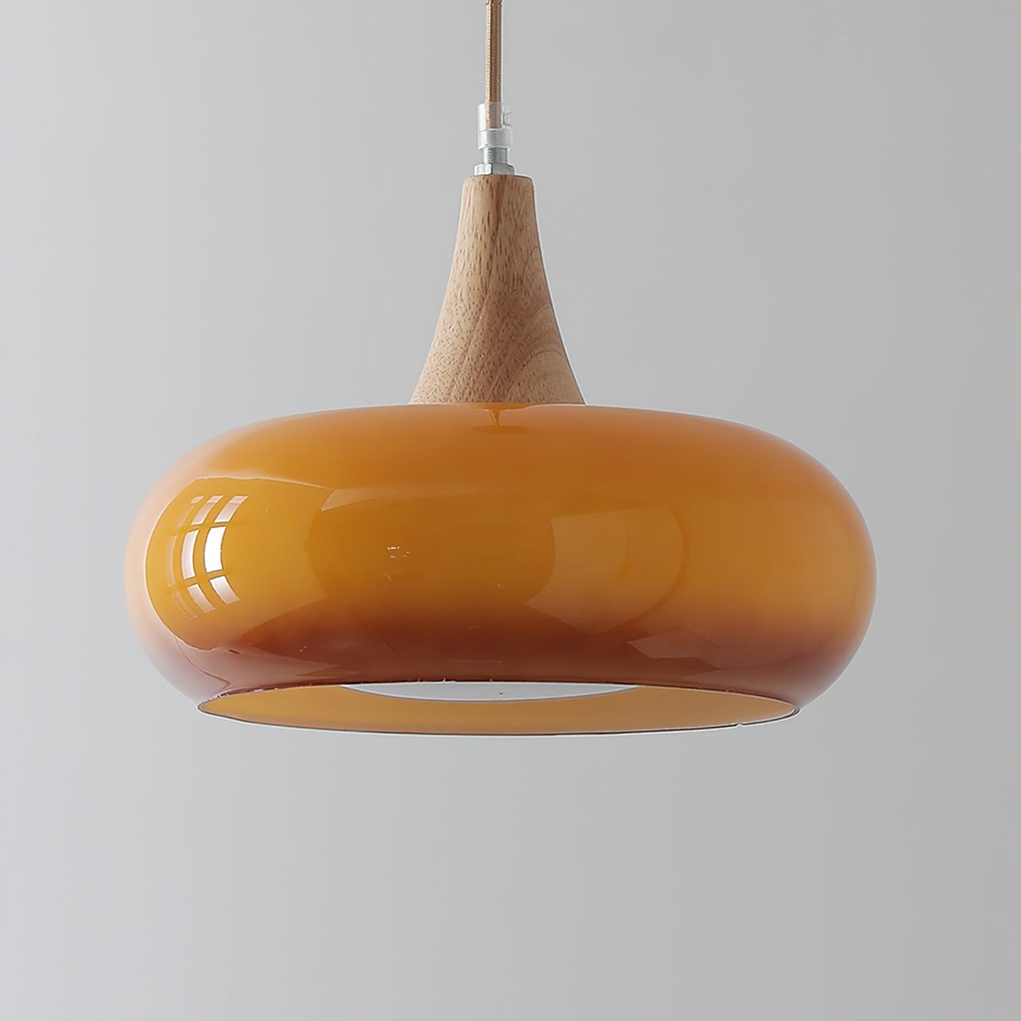 Charlotte | Midden Eeuw Houten en Amber Glas Hanglamp