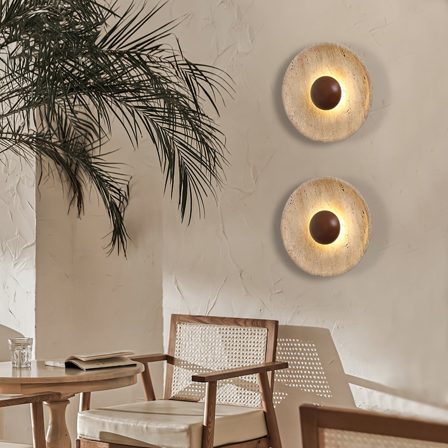Solvintra | Sculpturale Travertijn Halo Steen Houten Wandlamp