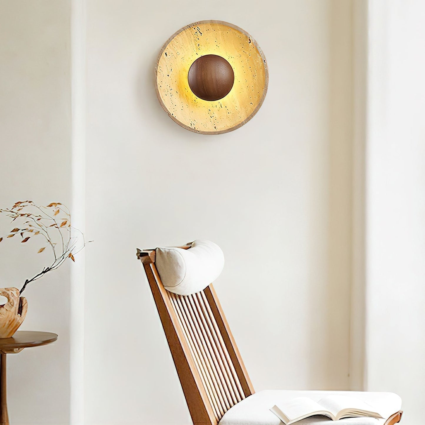 Solvintra | Sculpturale Travertijn Halo Steen Houten Wandlamp