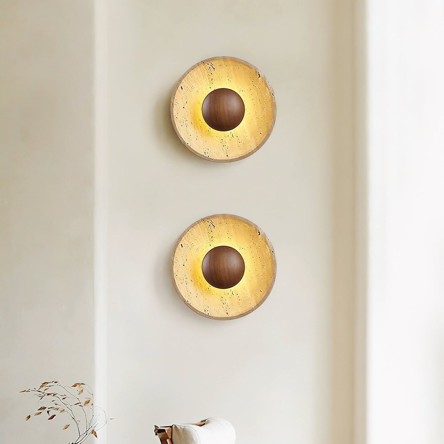 Solvintra | Sculpturale Travertijn Halo Steen Houten Wandlamp
