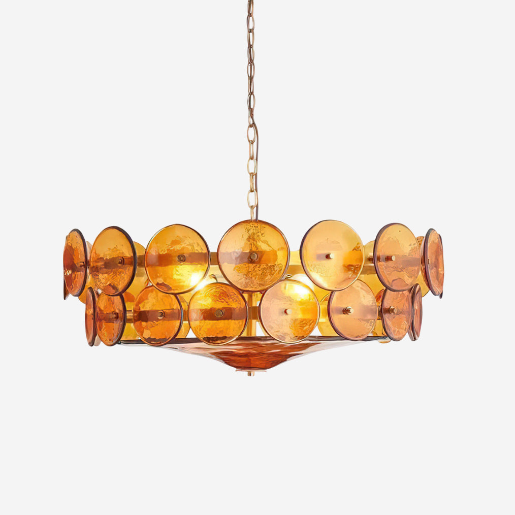 Karys | Elegante Laagjes Ronde Amber Glazen Drum Kroonluchter