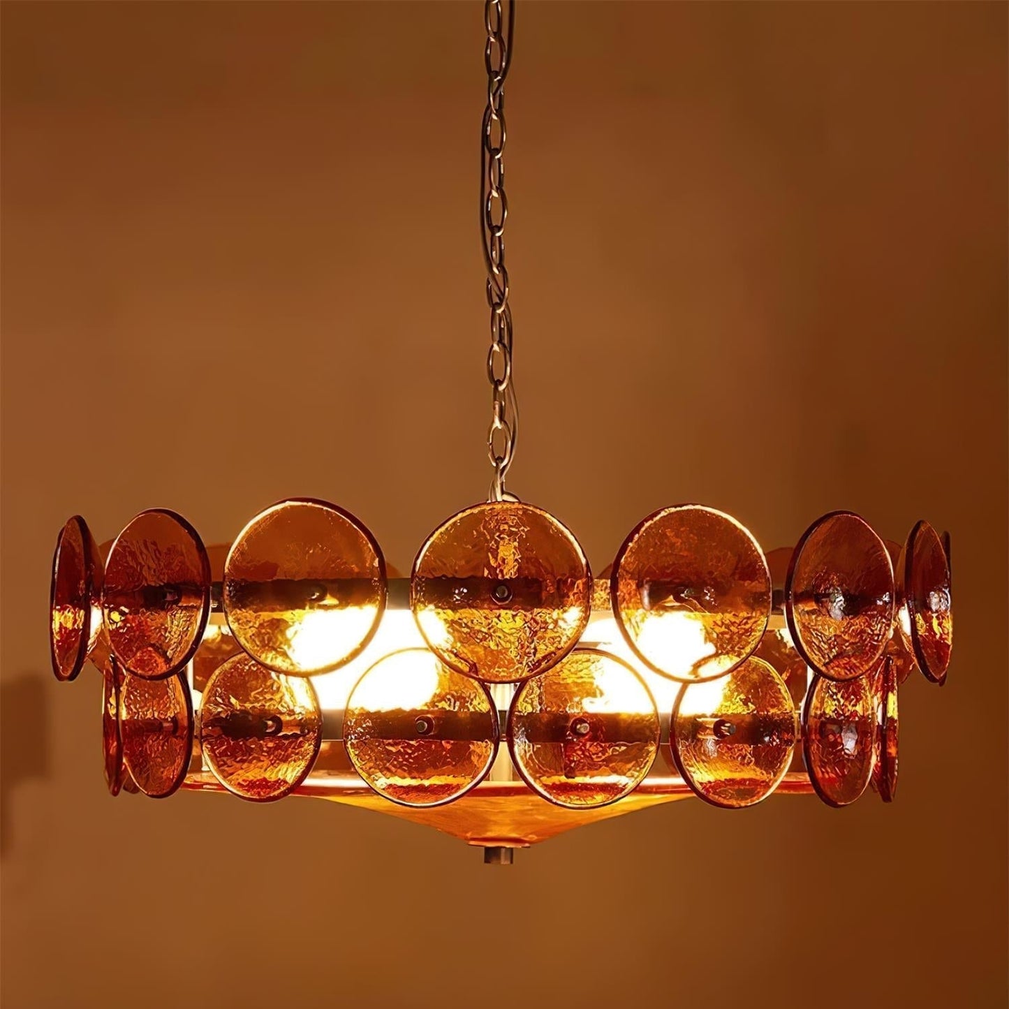 Karys | Elegante Laagjes Ronde Amber Glazen Drum Kroonluchter