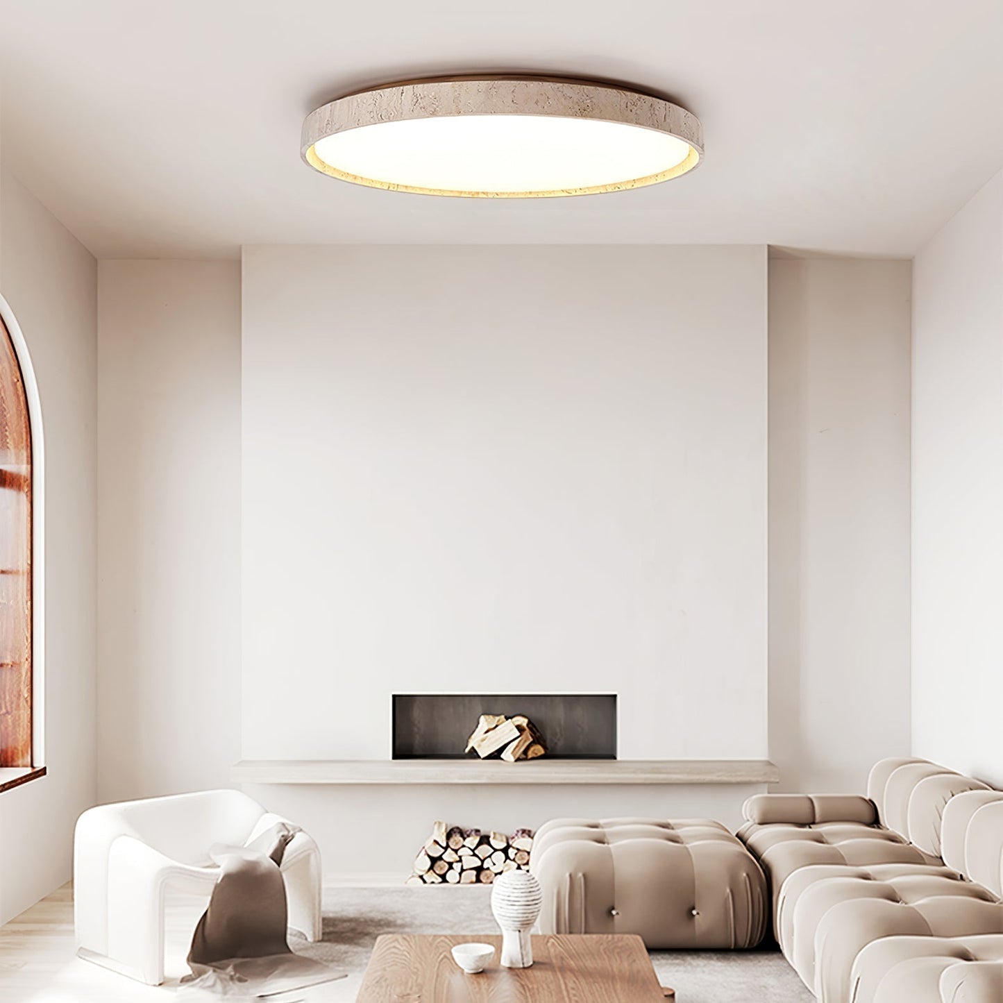 Aeristhos | Minimalistisch Handgekerfde Ronde Travertin Steen Plafondlamp