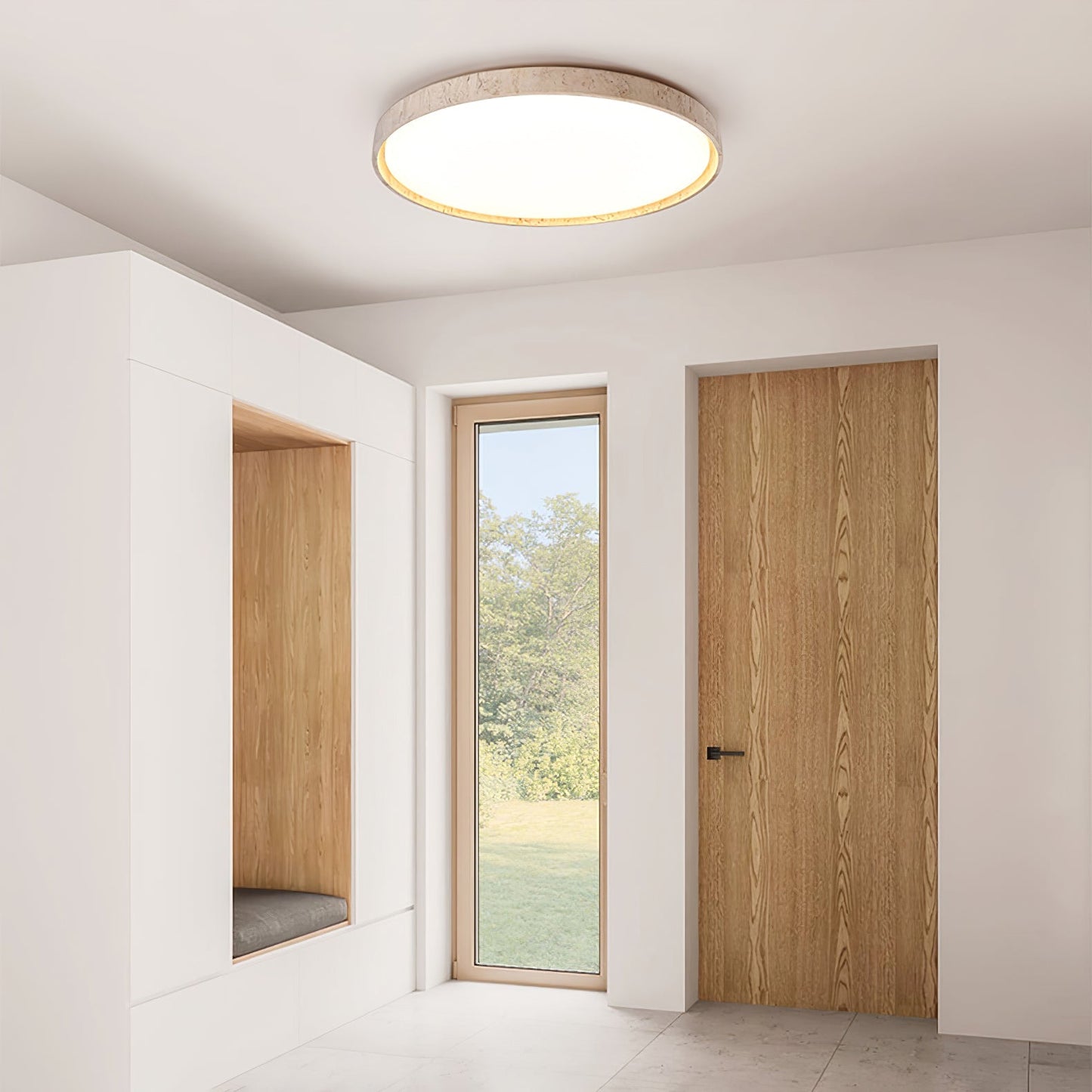 Aeristhos | Minimalistisch Handgekerfde Ronde Travertin Steen Plafondlamp