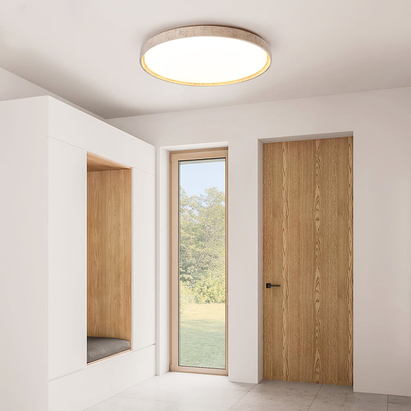 Aeristhos | Minimalistisch Handgekerfde Ronde Travertin Steen Plafondlamp
