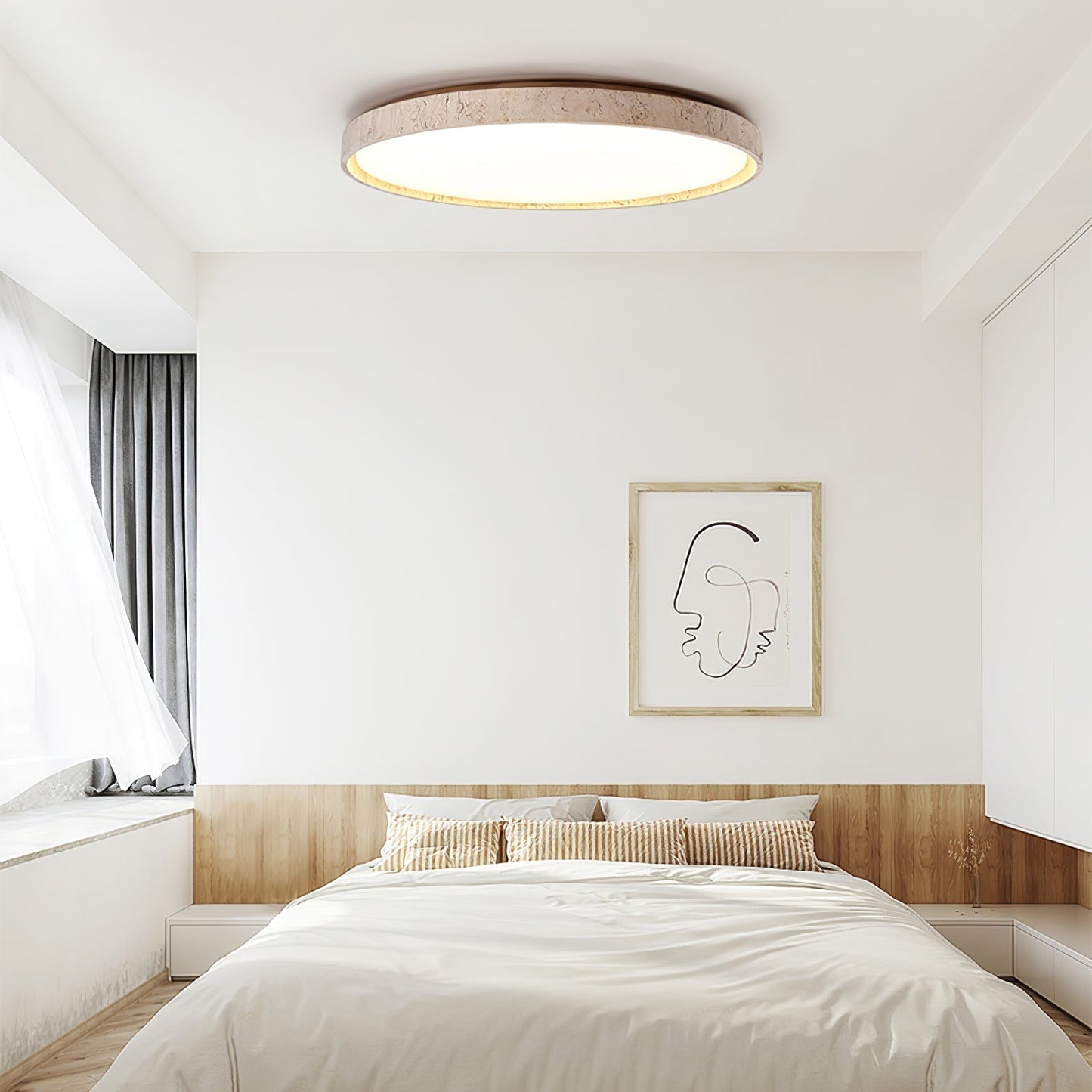 Aeristhos | Minimalistisch Handgekerfde Ronde Travertin Steen Plafondlamp