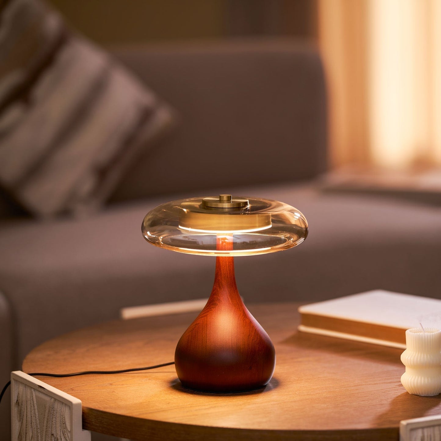 Vancorim | Japandi Gebogen Hout Amber Glas Tafellamp