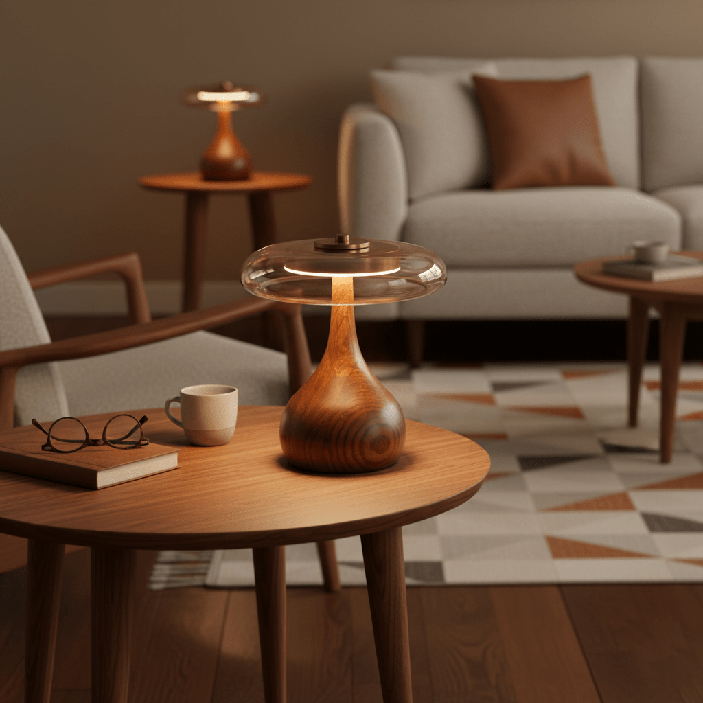Vancorim | Japandi Gebogen Hout Amber Glas Tafellamp