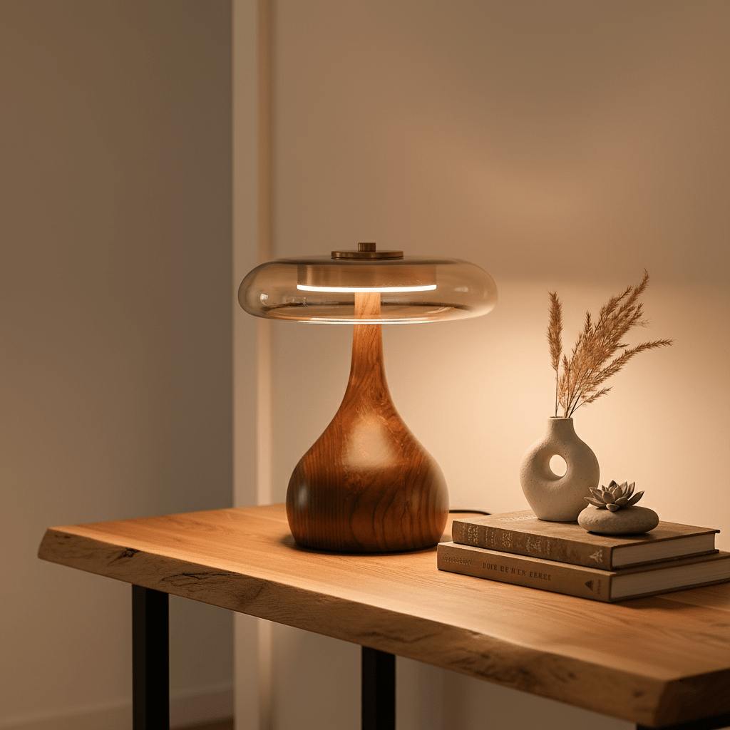 Vancorim | Japandi Gebogen Hout Amber Glas Tafellamp