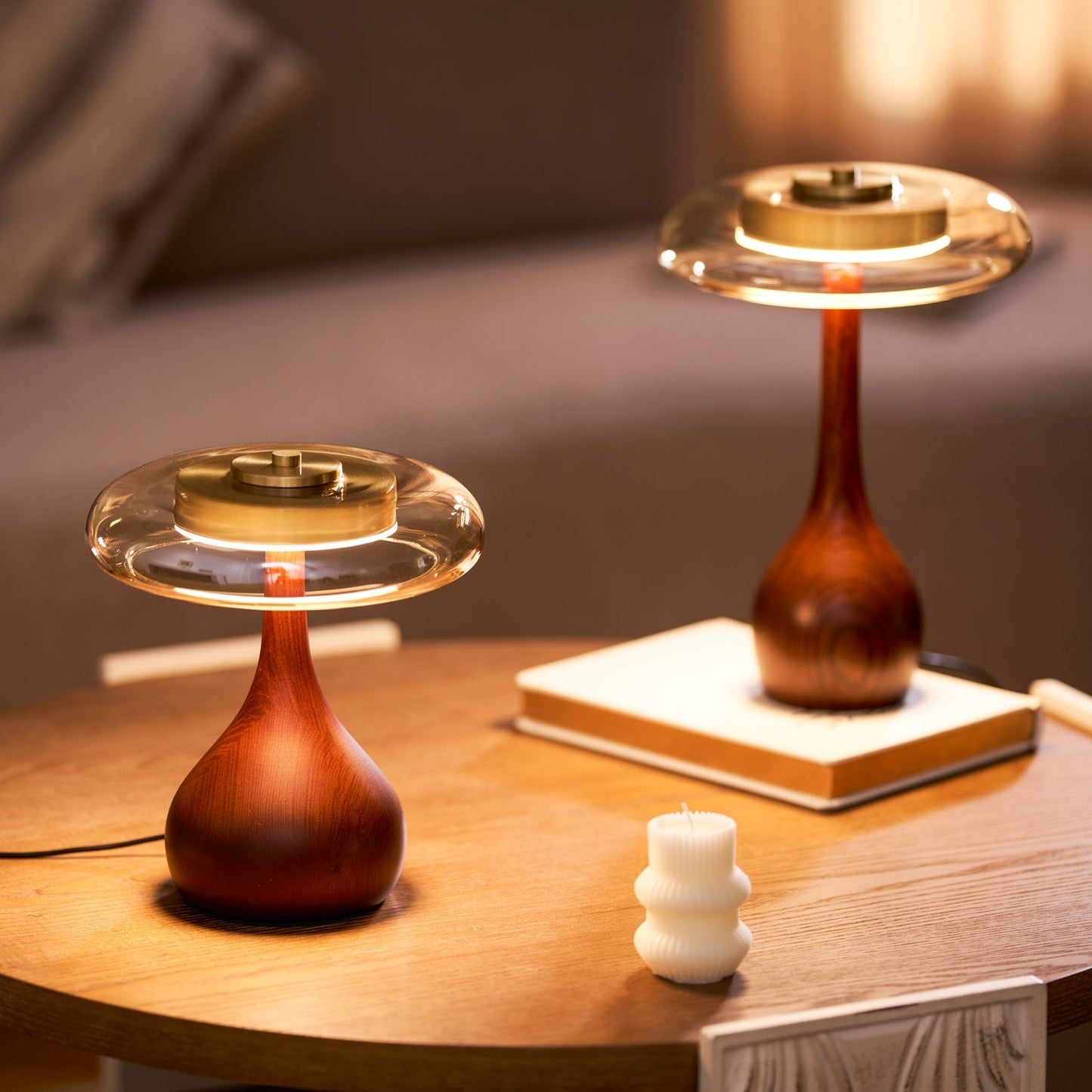 Vancorim | Japandi Gebogen Hout Amber Glas Tafellamp