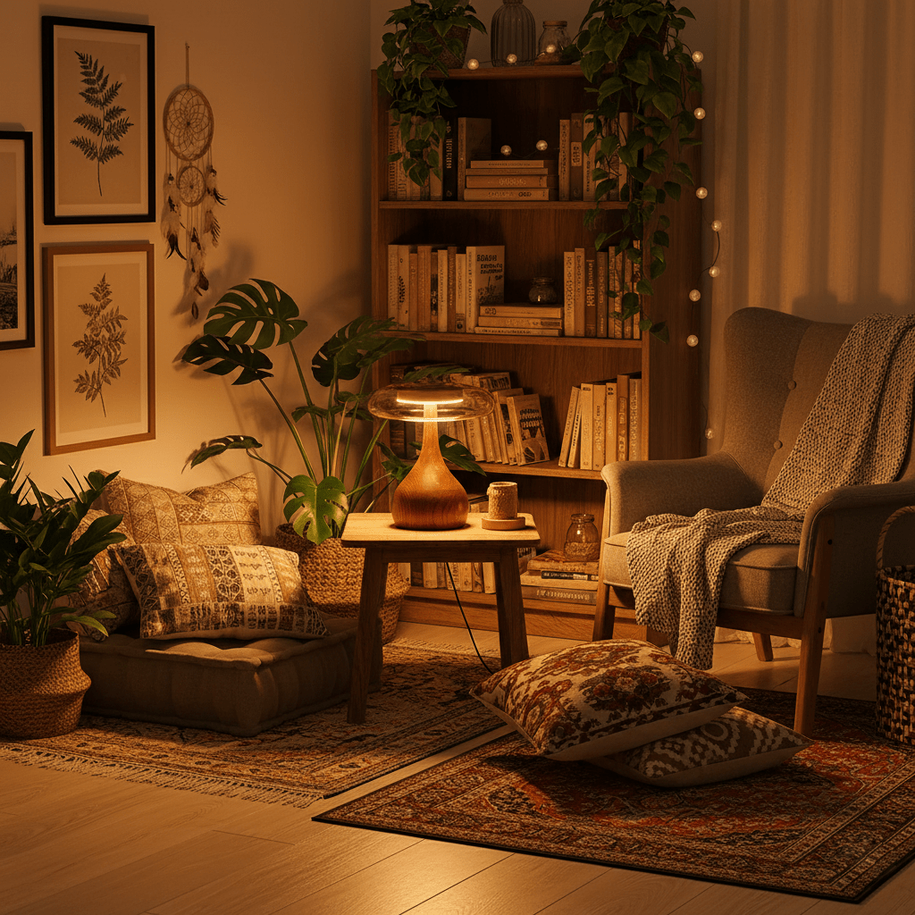 Vancorim | Japandi Gebogen Hout Amber Glas Tafellamp