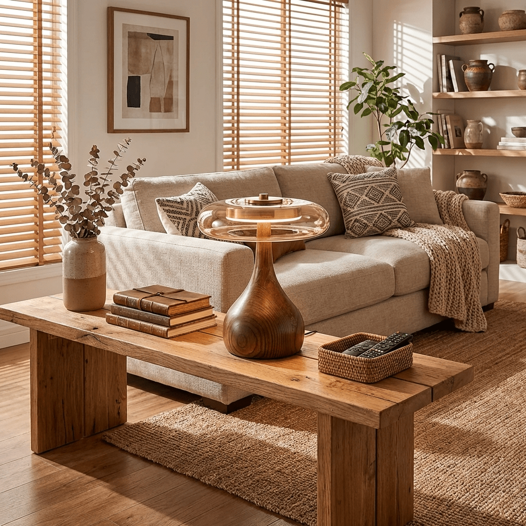 Vancorim | Japandi Gebogen Hout Amber Glas Tafellamp