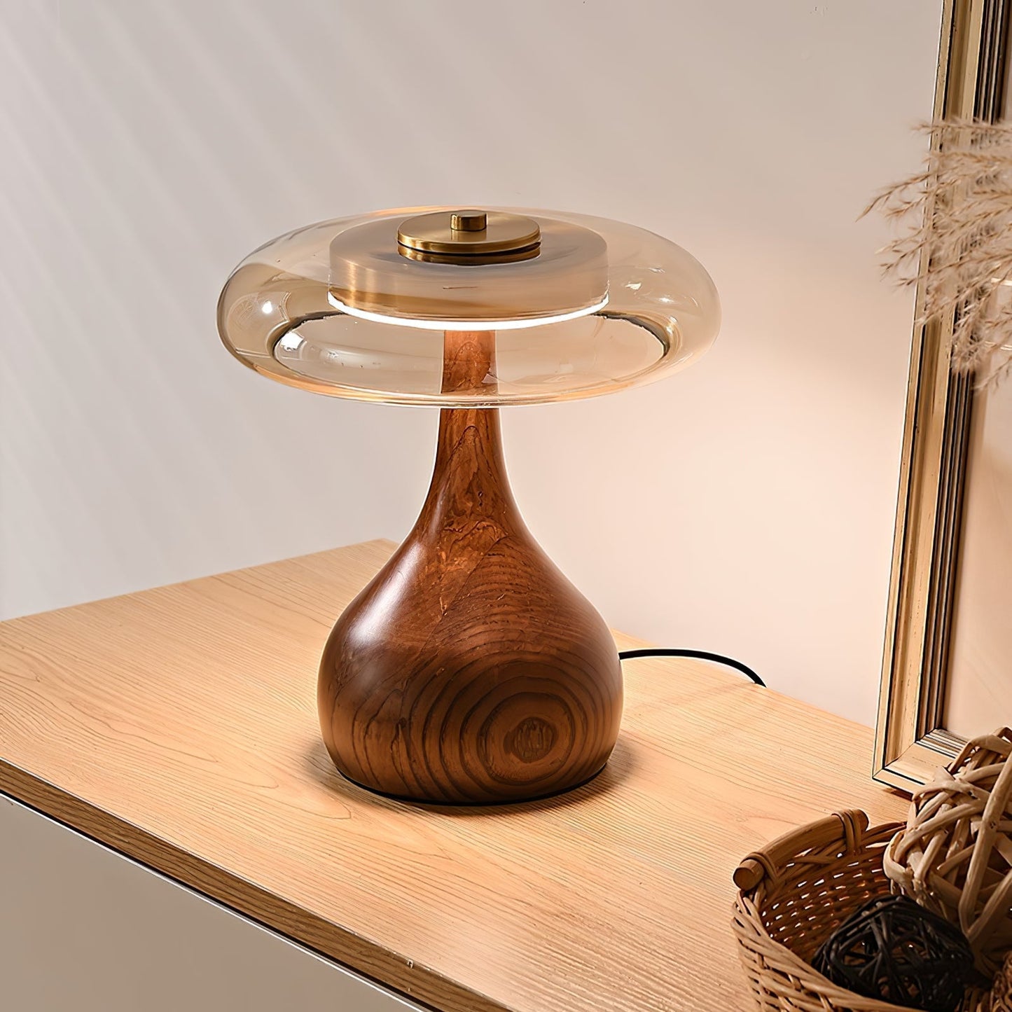 Vancorim | Japandi Gebogen Hout Amber Glas Tafellamp