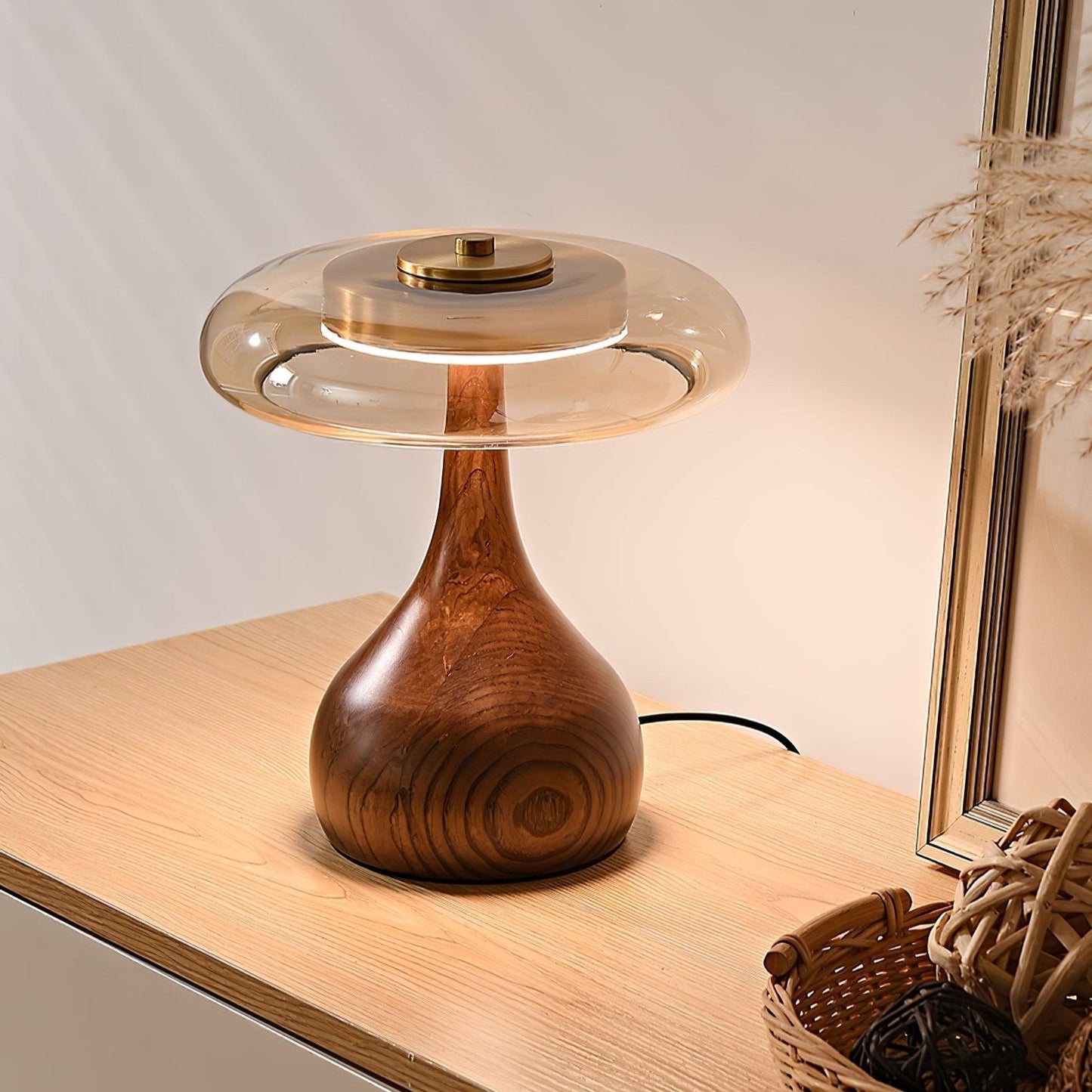 Vancorim | Japandi Gebogen Hout Amber Glas Tafellamp