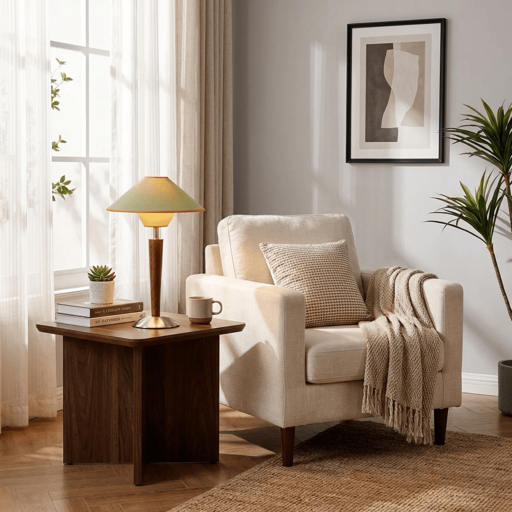 Zymorica | Midcentury Moderne Notenhouten Kolom Accent Tafellamp