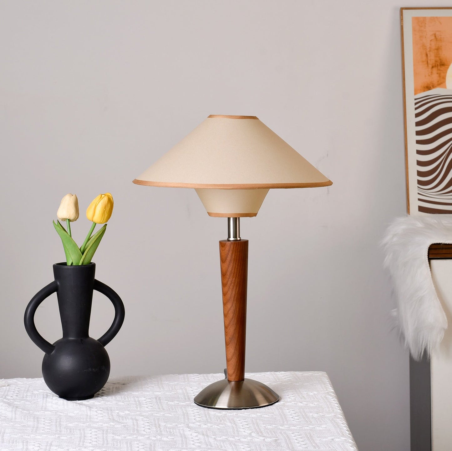 Zymorica | Midcentury Moderne Notenhouten Kolom Accent Tafellamp