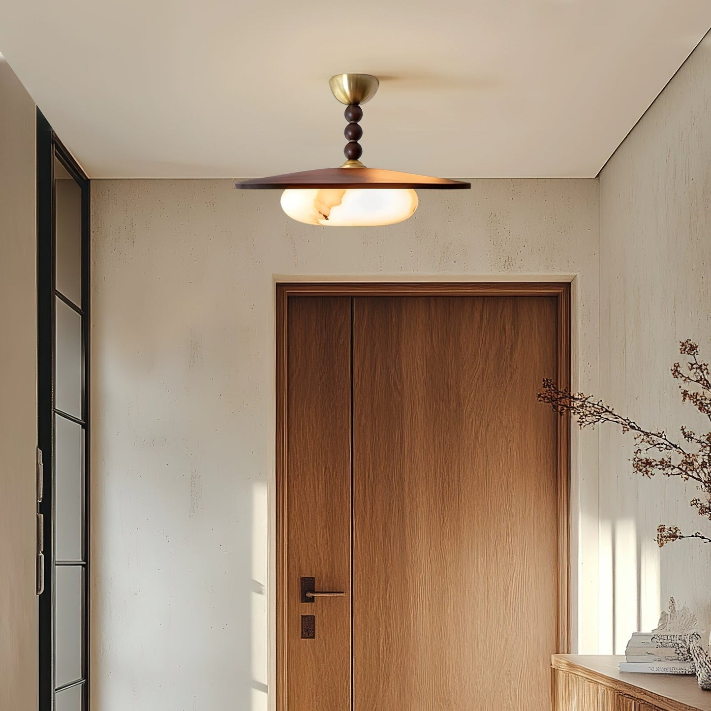 Midthos | Mid Century Houten Alabaster Koepel Inbouw Plafondlamp