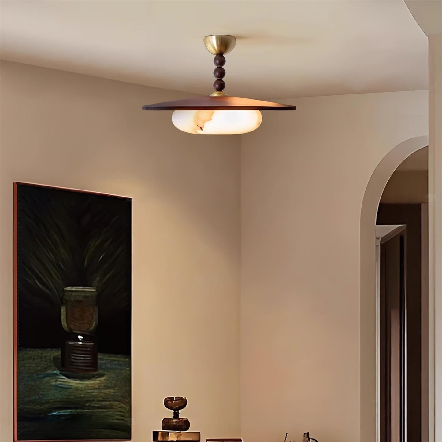 Midthos | Mid Century Houten Alabaster Koepel Inbouw Plafondlamp