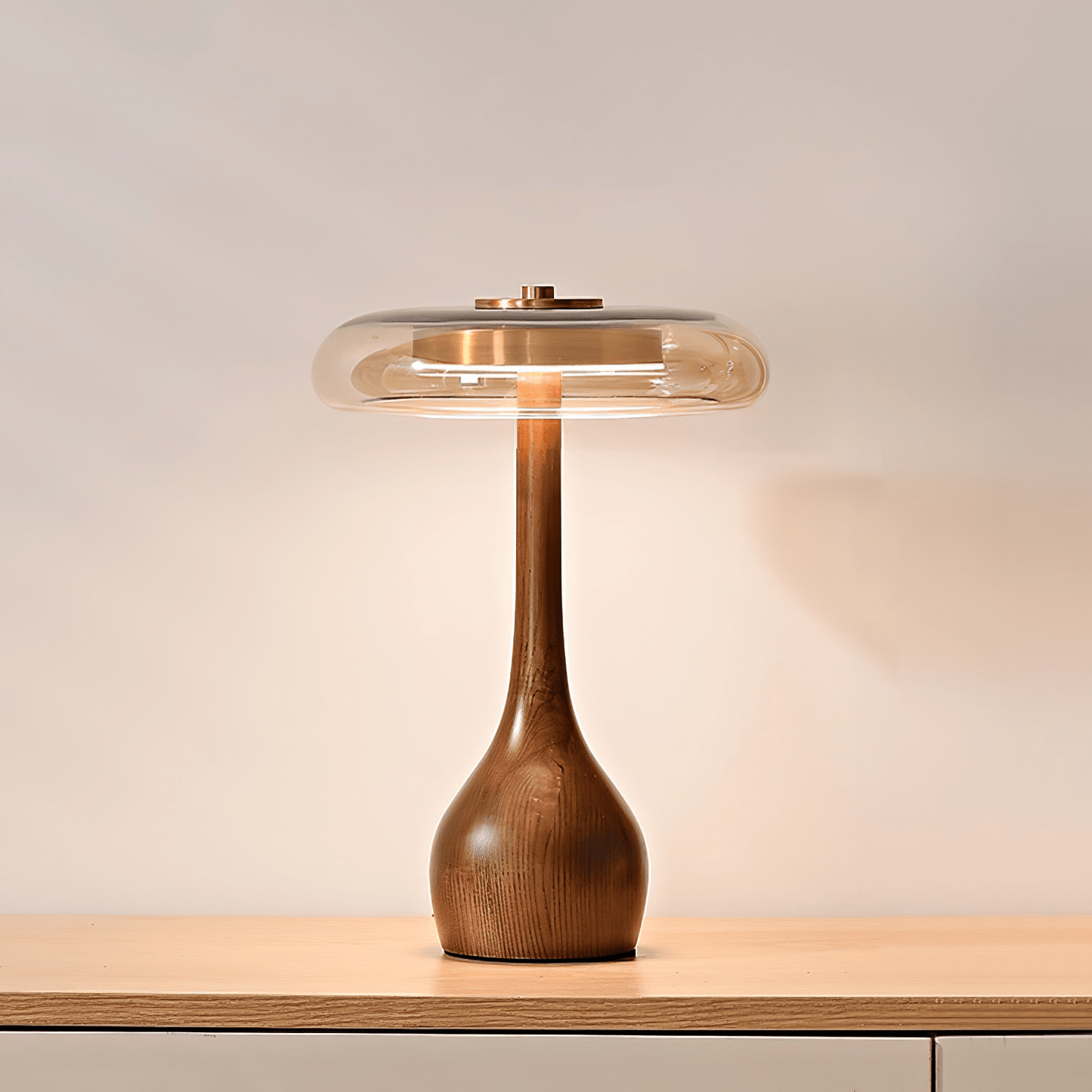 Vancorim | Japandi Gebogen Hout Amber Glas Tafellamp