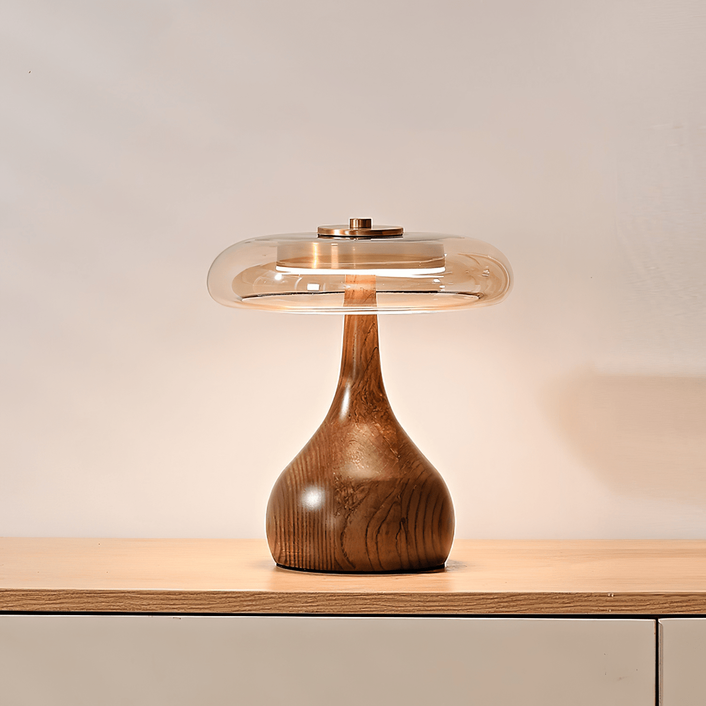 Vancorim | Japandi Gebogen Hout Amber Glas Tafellamp
