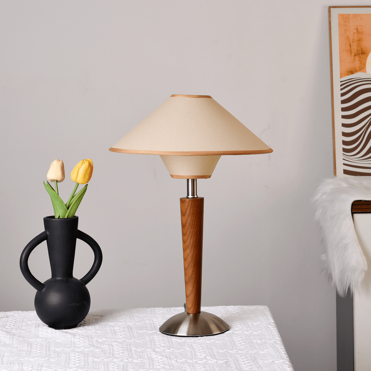 Zymorica | Midcentury Moderne Notenhouten Kolom Accent Tafellamp
