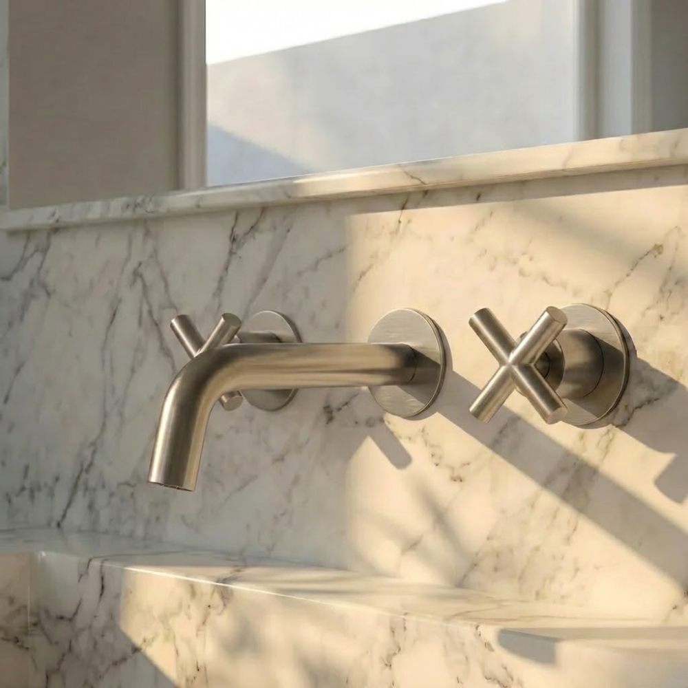 Auraa | Wandgemonteerde Badkamer Wastafelmengkraan Met Dubbele Kruisgreep