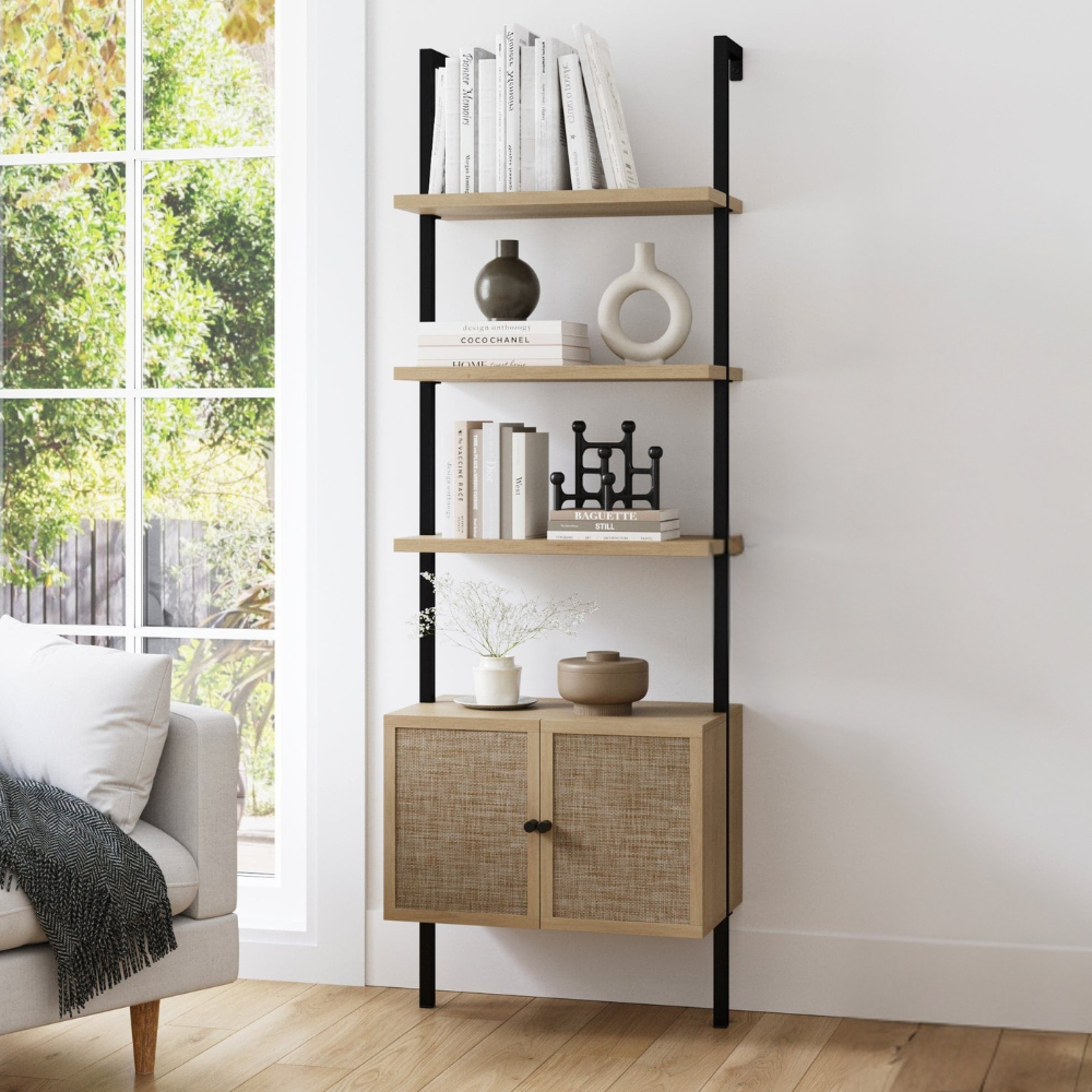 Zenith | Moderne Ladder Boekenkast en Rieten Deur Opbergkast met Houten Planken