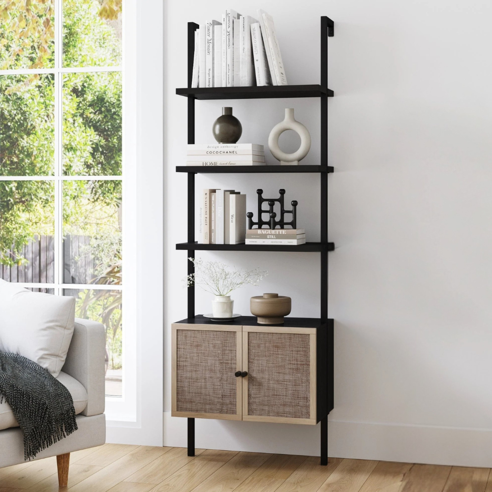 Zenith | Moderne Ladder Boekenkast en Rieten Deur Opbergkast met Houten Planken