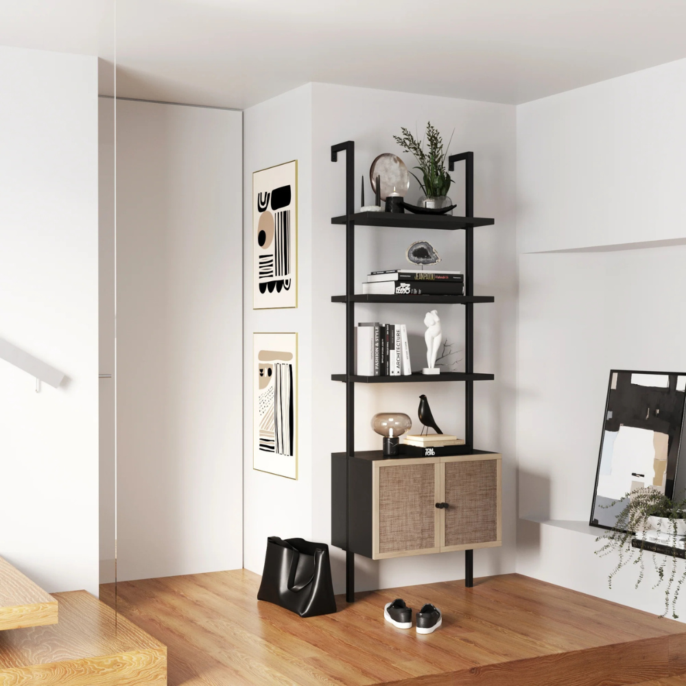 Zenith | Moderne Ladder Boekenkast en Rieten Deur Opbergkast met Houten Planken