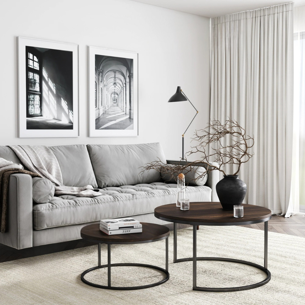 Cirrus | Twee-delige Ronde Houten Nest Koffietafel Set met Metalen Frame