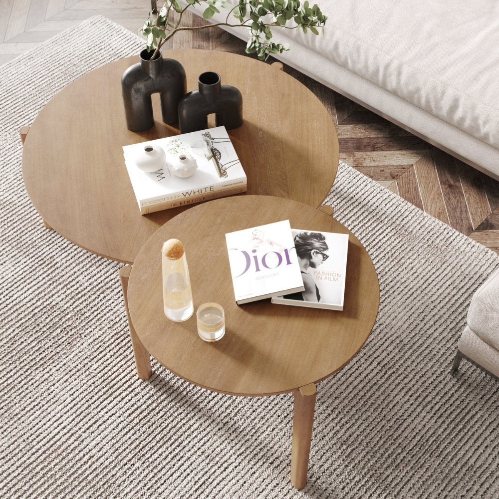 Valen | Twee Delige Ronde Houten Nest Koffietafel Set