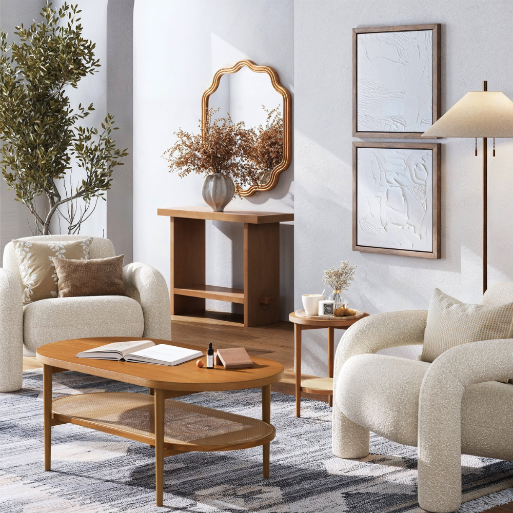 Elara | Ovale Houten Koffietafel Met Rieten Plank