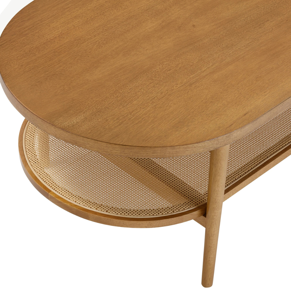 Elara | Ovale Houten Koffietafel Met Rieten Plank